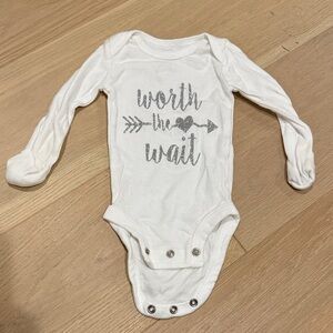 NWOT Simple Joys Newborn White Onesie with Silver Glitter Text Worth the Wait